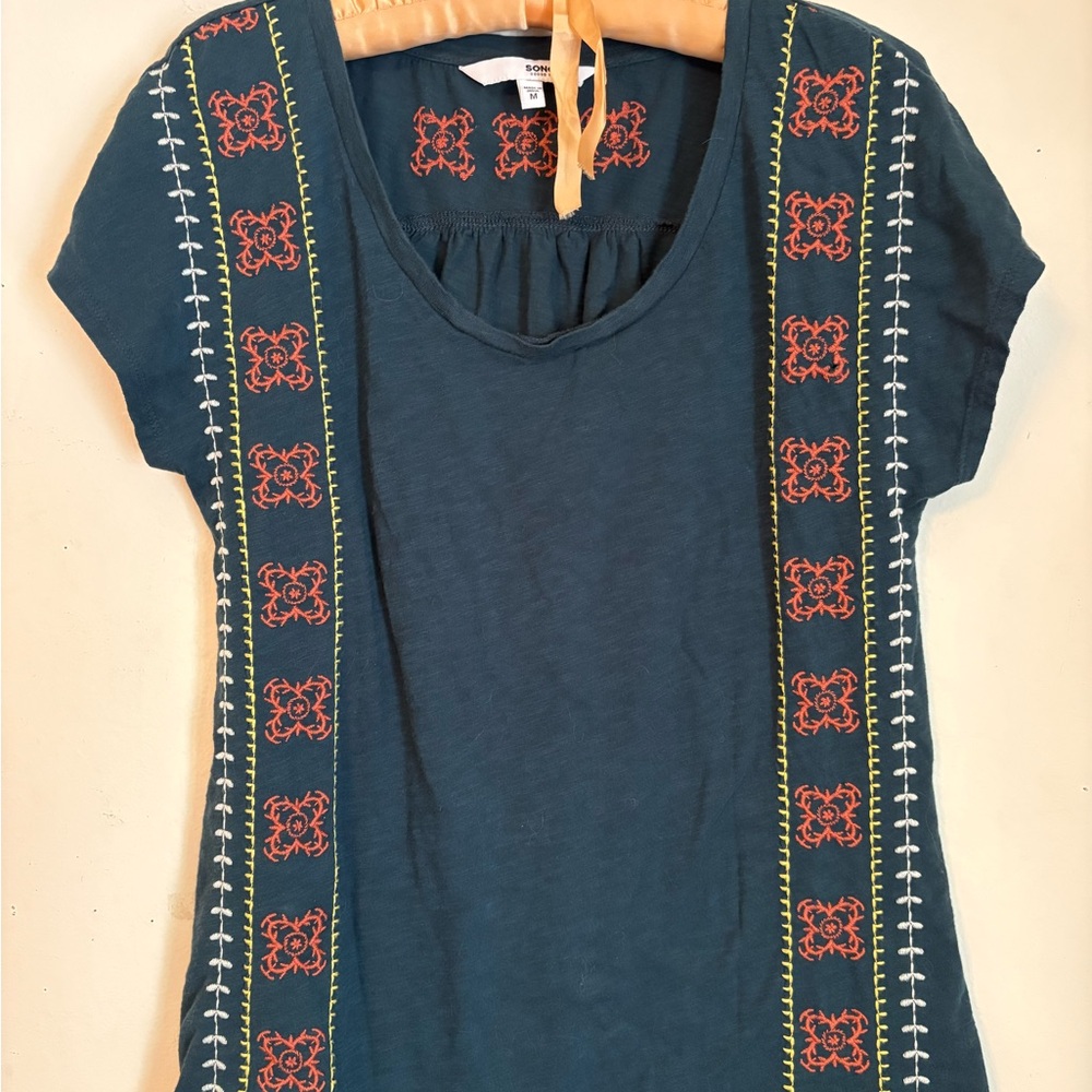 Sonoma Teal Short Sleeve Top with Red and Yellow Embroidery